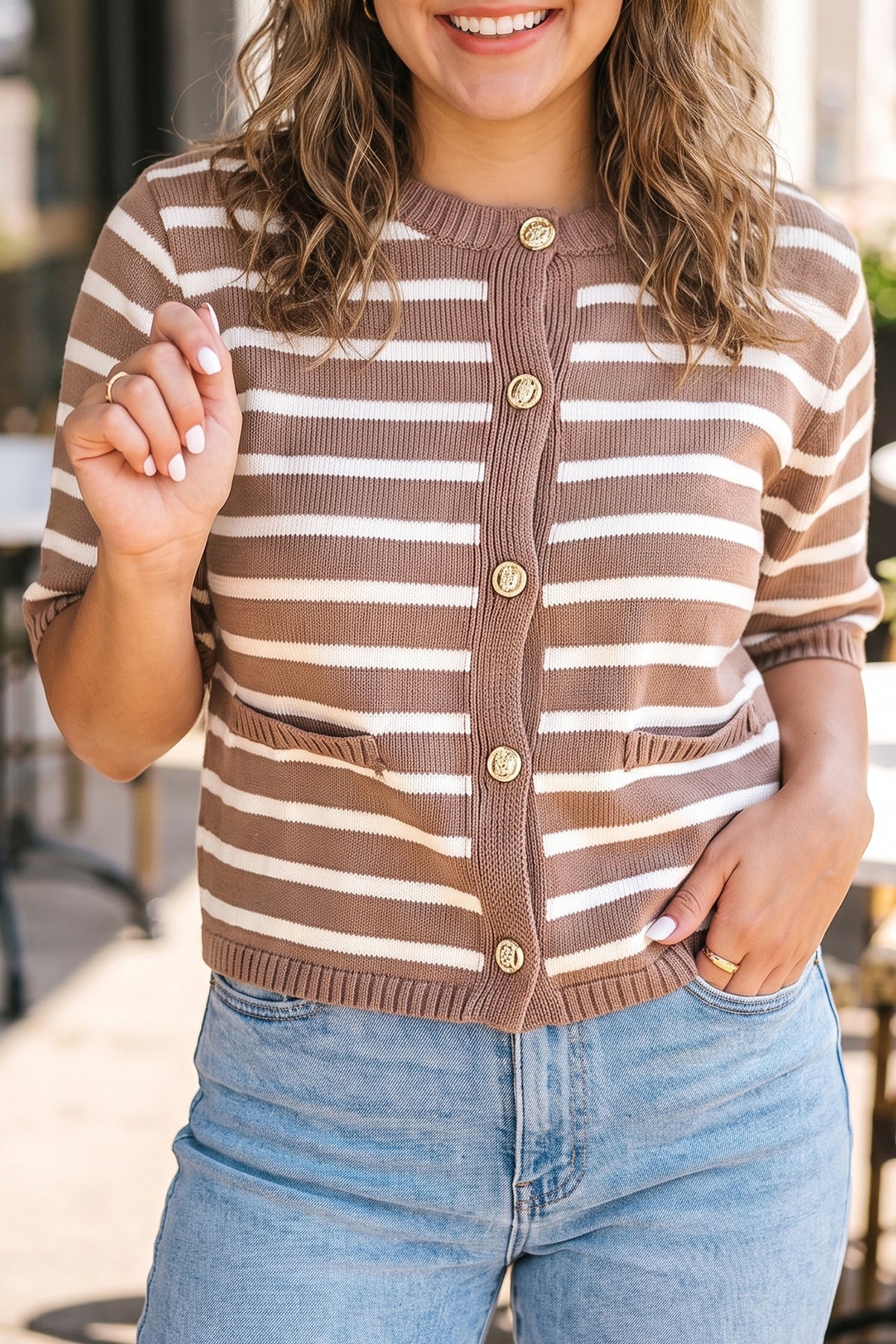 Khaki Stripe Button Down Short-Sleeve Knit Plus Size Cardigan