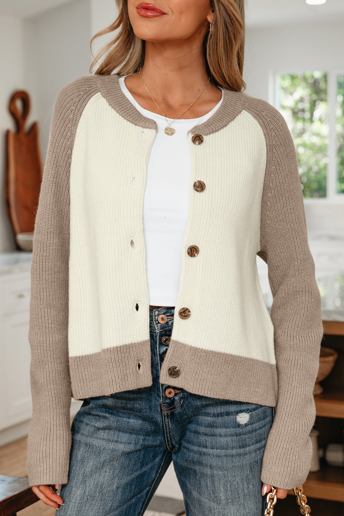 White Color Block Ribbed Knit Button Down Sweater Cardigan