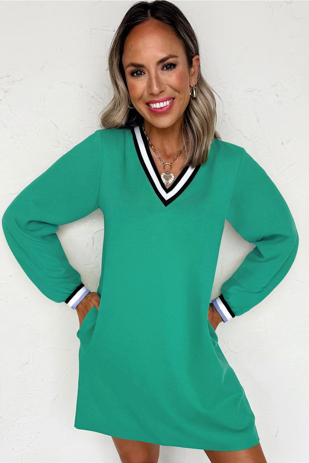 Mint Green Varsity Striped V Neck T Shirt Dress with Pockets