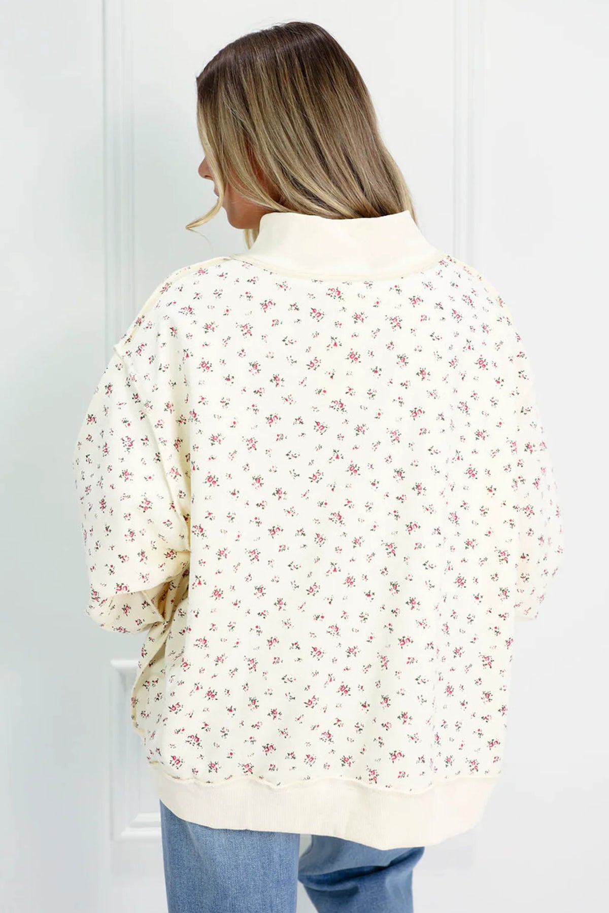 Beige Ribbed High Neck Patchwork Floral Print Baggy Sweatshirt