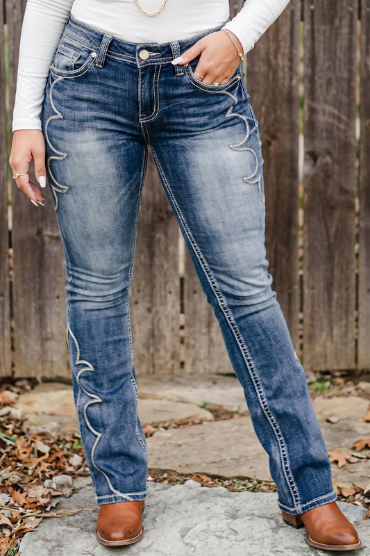 Blue Western Embroidered Flare Full-Length Jeans
