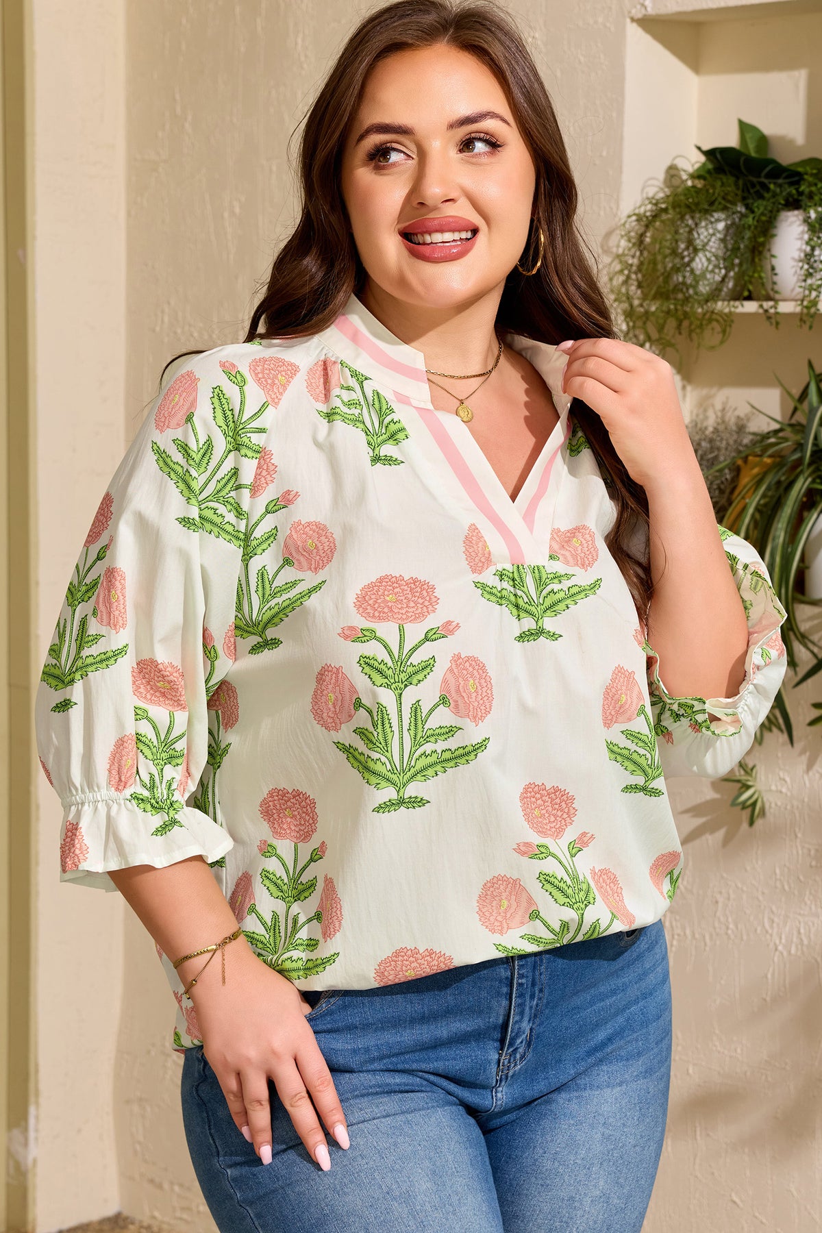 Pink Plus Size Floral Print Striped Trim V-Neck Blouse