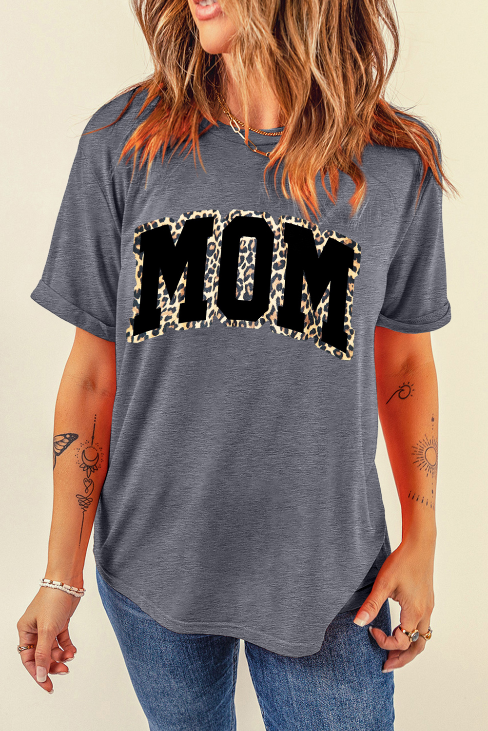 Gray Leopard MOM Graphic Crewneck Mothers Day T-Shirt