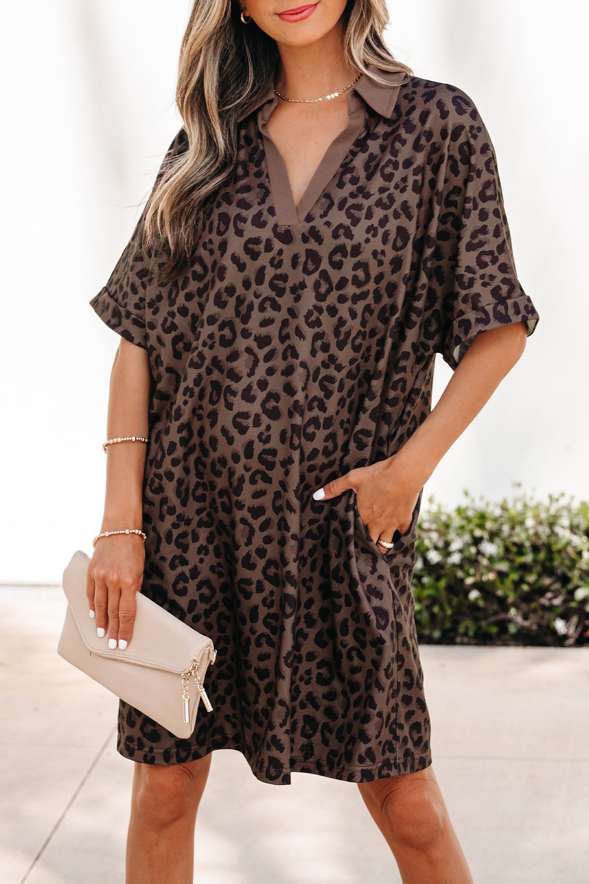 Brown Leopard Print Contrast Collar V Neck Mini Dress