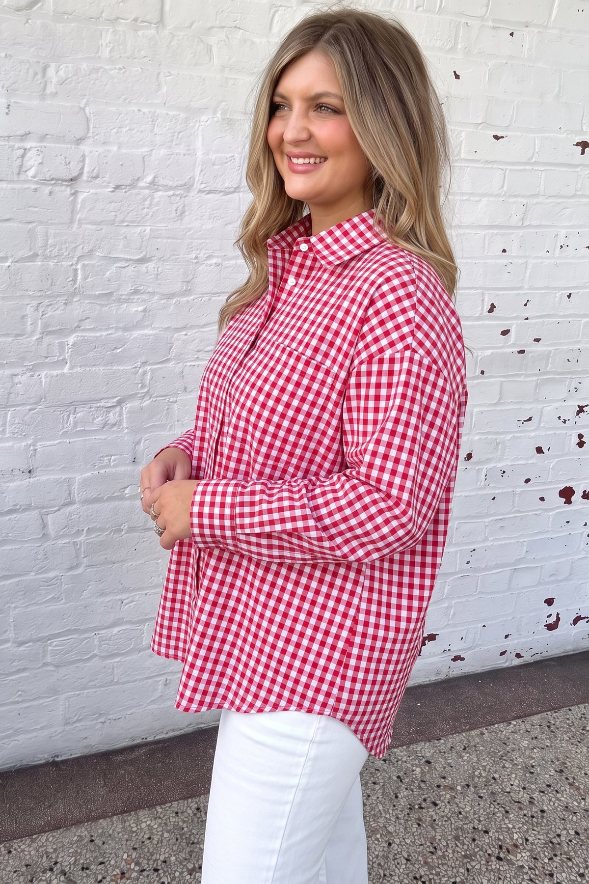 Red Plaid V-Neck Long-Sleeve Tunic Loose Fit Plus Size Shirt