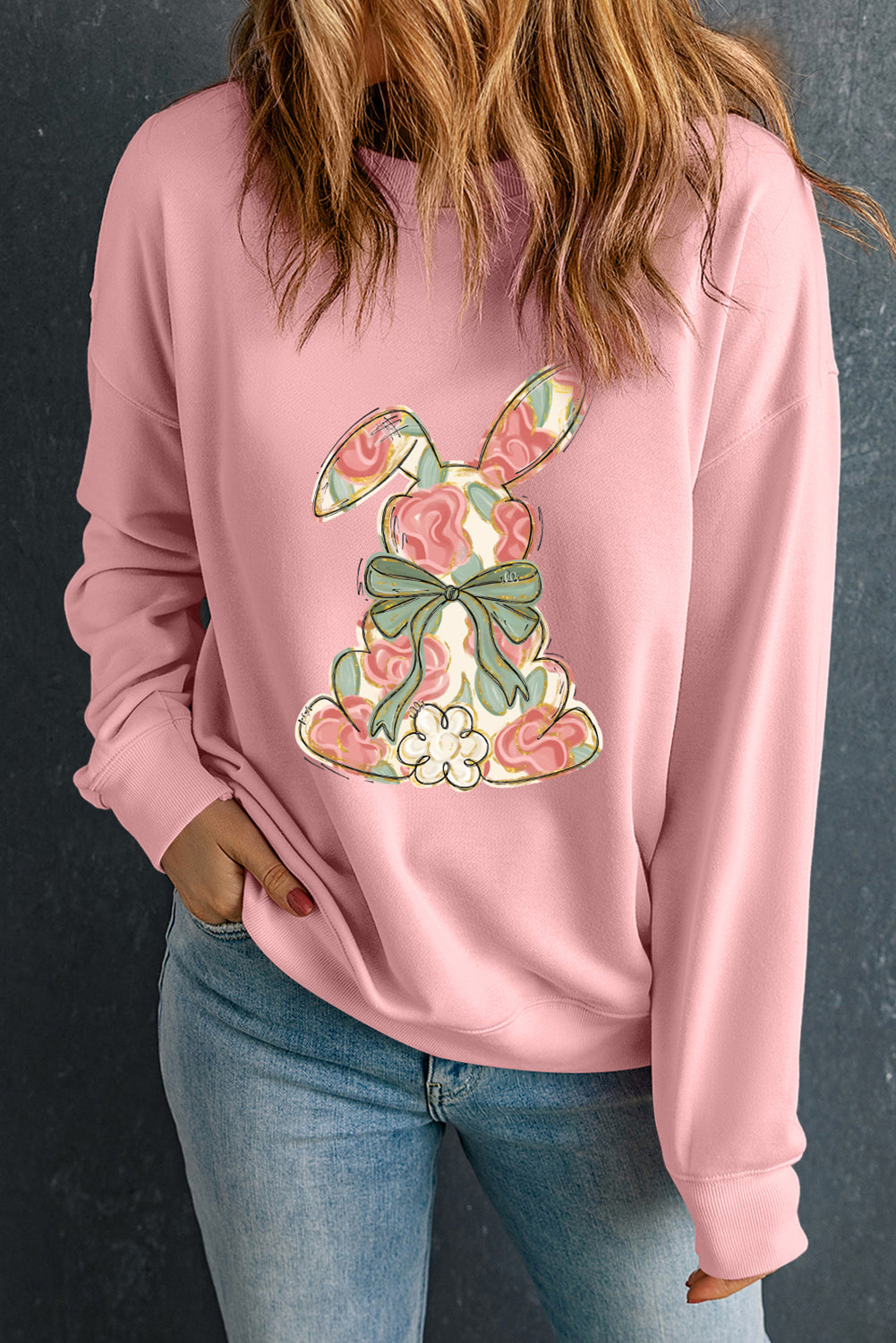 Pink Floral Bow Rabbit Easter Fashion Pullover Sweatshirt