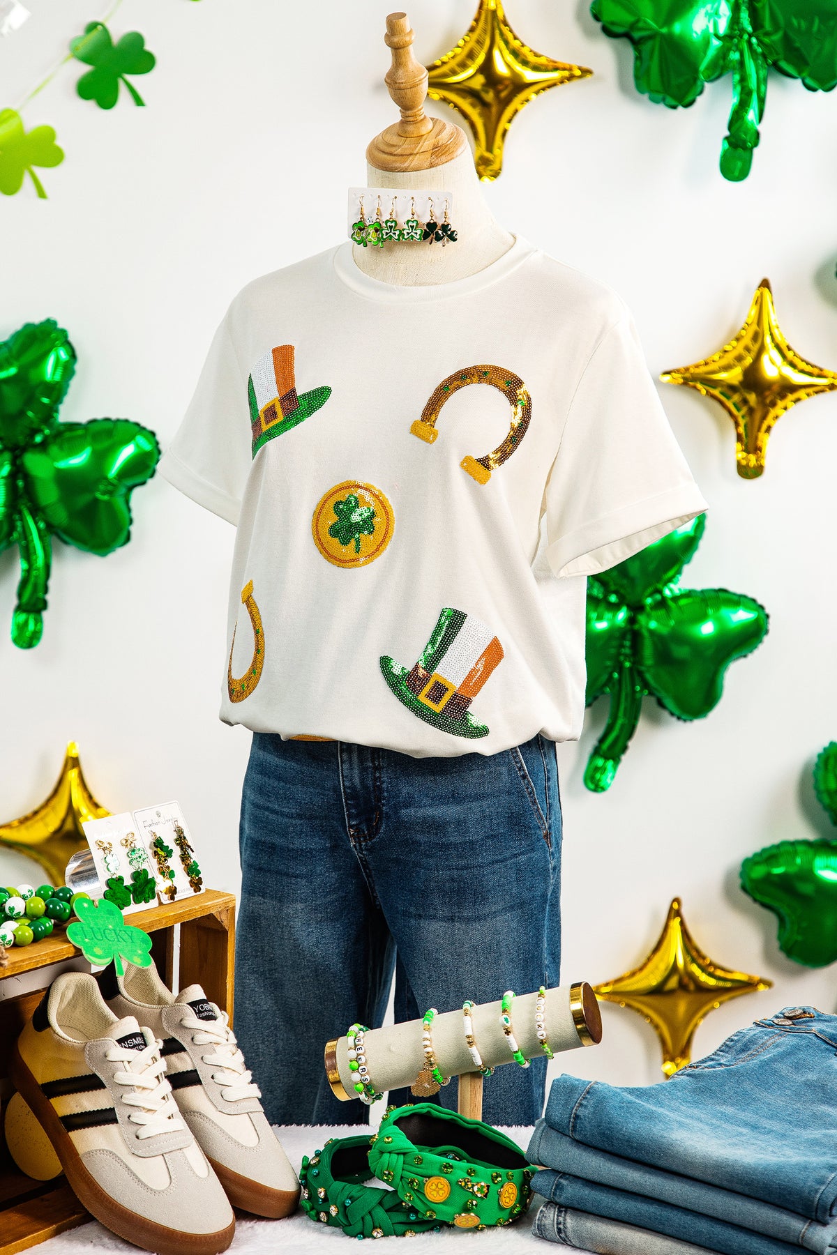 White St Patricks Day Sequin Graphic Casual T-Shirt