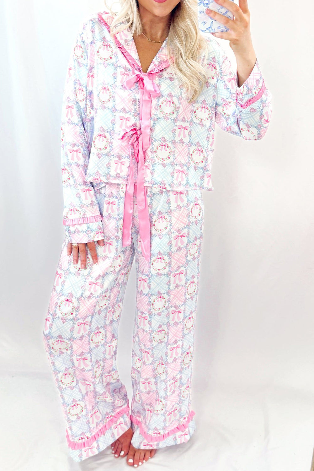 Pink Bow Wreath Christmas Tied Front Long Sleeve Pajama Set