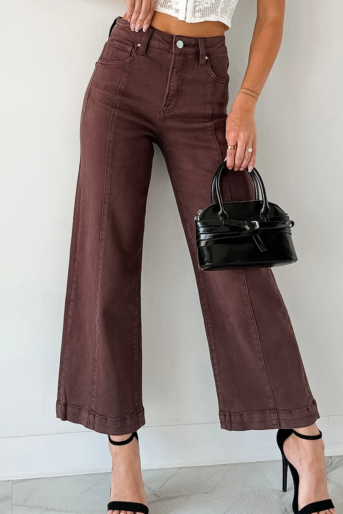Apricot Solid Seamed Center Wide Leg Cropped Jeans