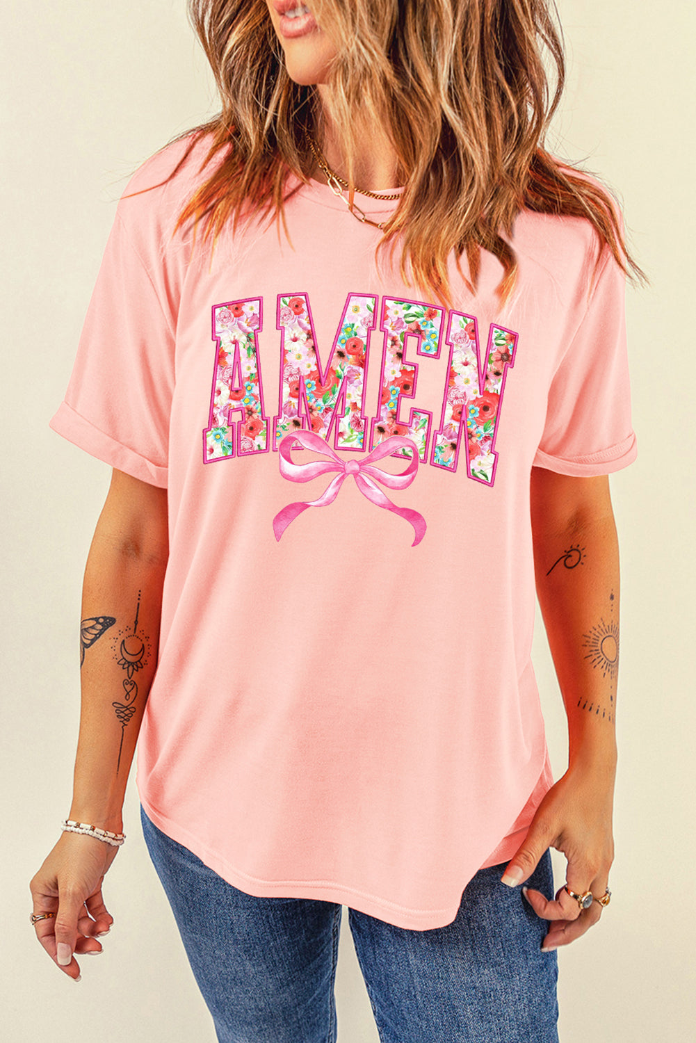 Pink Floral AMEN Bow Graphic Crewneck T-Shirt
