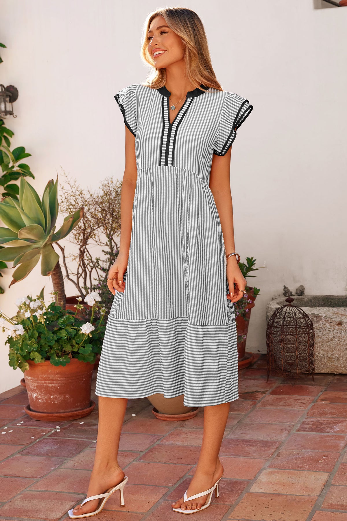 Black Stripe Contrast Trim V Neck Flutter Sleeve Long Dress