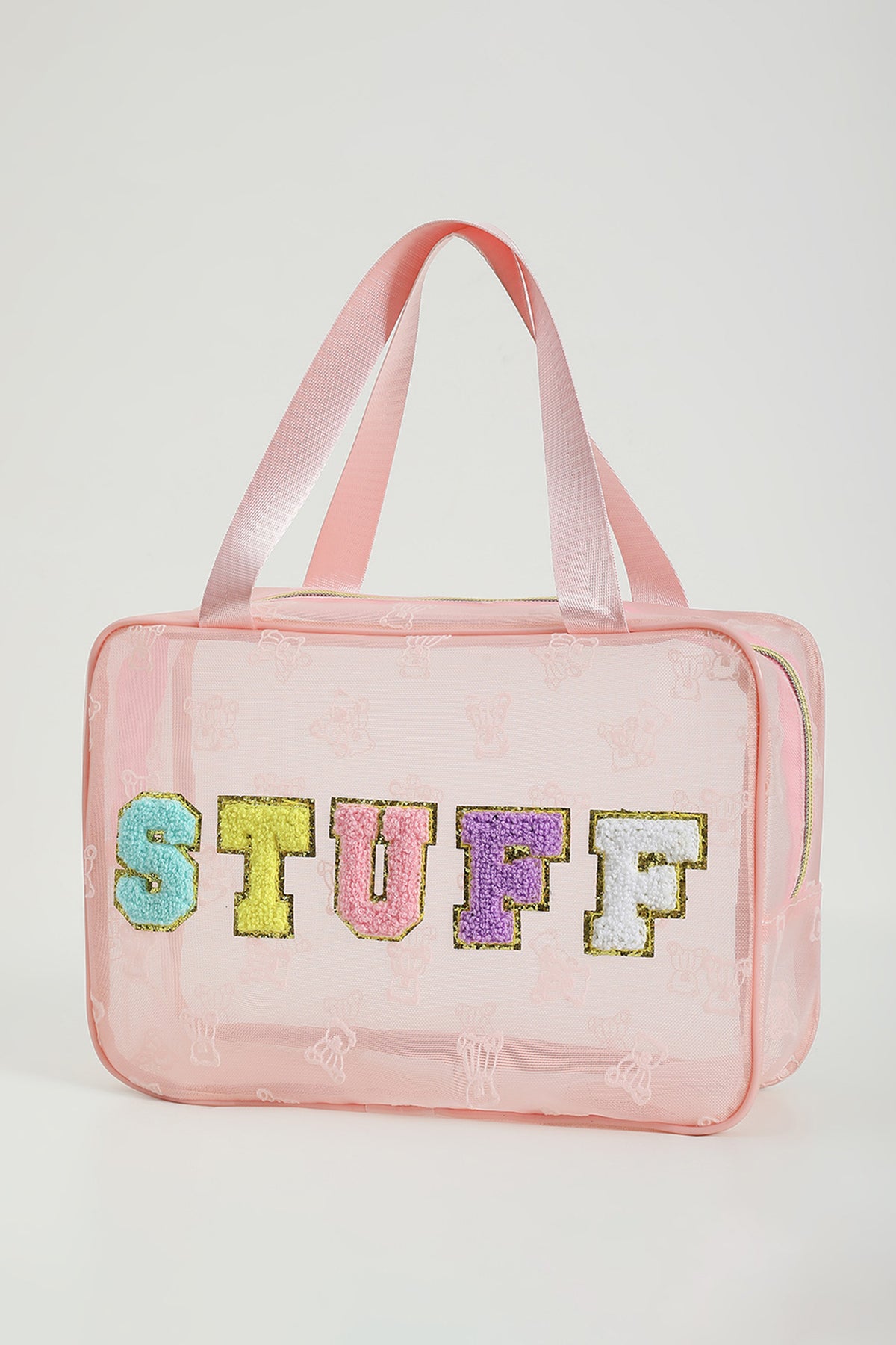 Black STUFF Chenille Letter Patched Teddy Bear Mesh Lightweight Makeup Bag