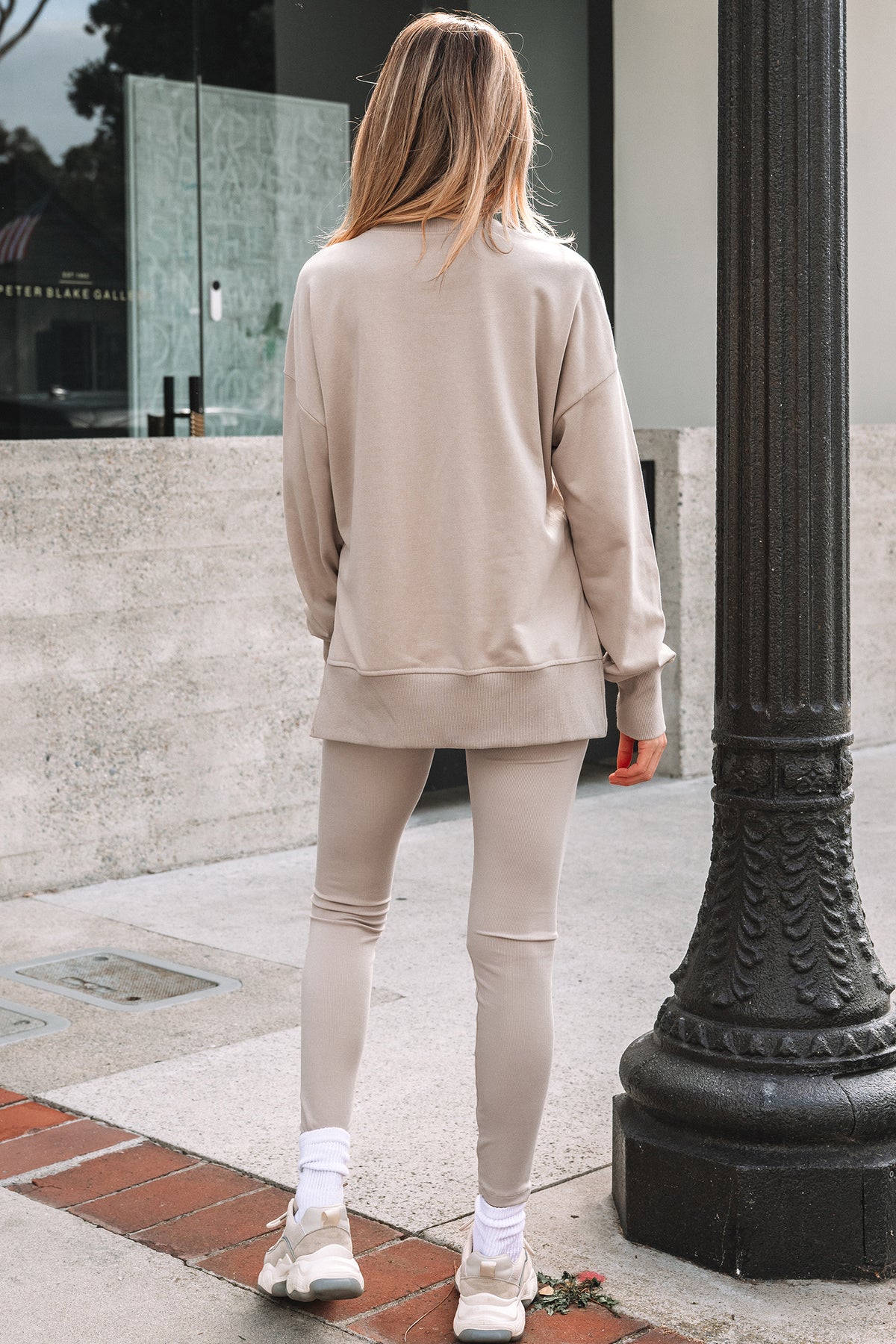 Green Bay Solid Color Oversize Slit Sweatshirt Ribbed Leggings 2pcs Set