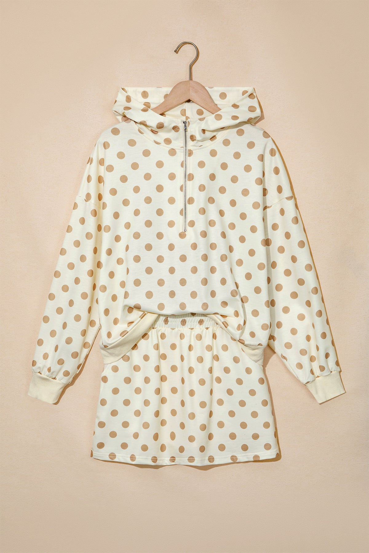 Women's Pink Polka Dot Hooded Long-Sleeve Top Casual Mini Skort Set