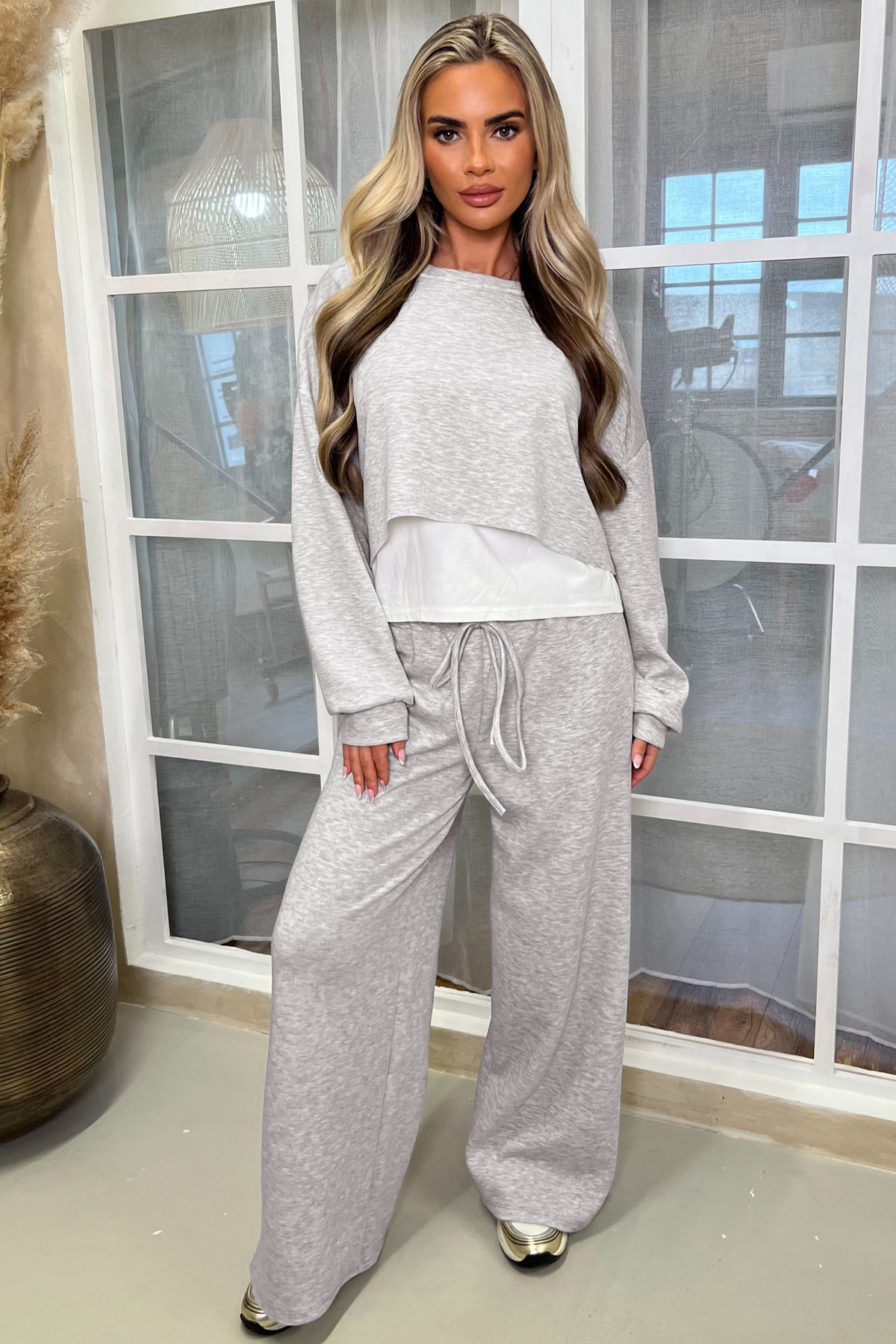 Pink Color Contrast Overlay Long Sleeve Top Drawstring Pant Set
