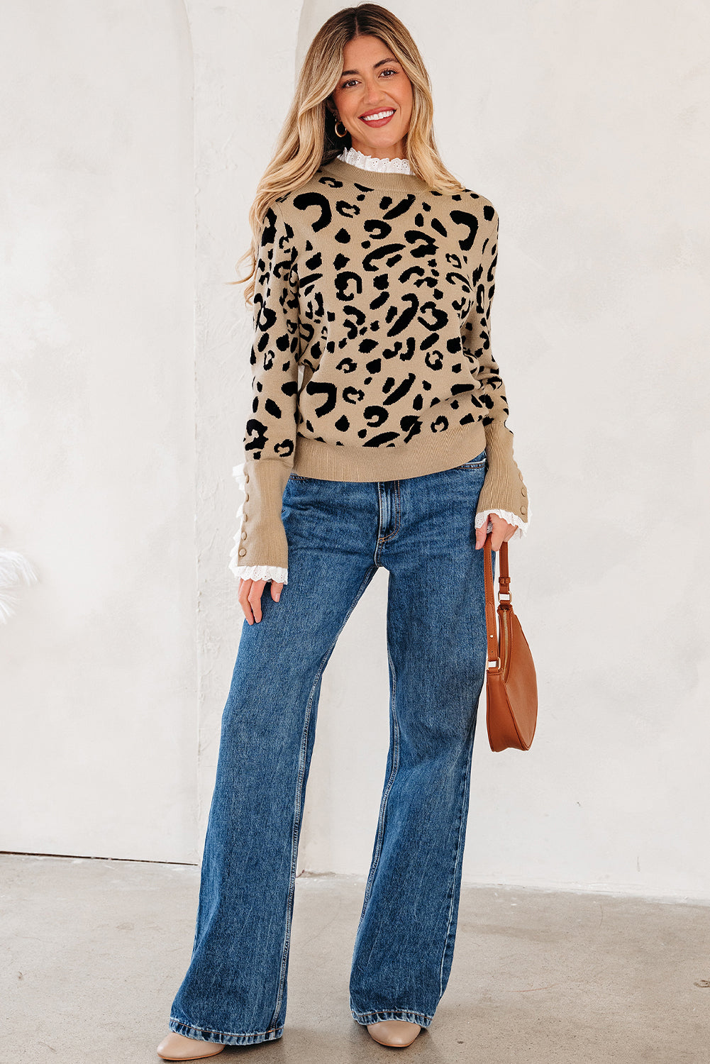 Dearlovers Brown Leopard Pattern Lace Ribbed Detail Button Cuffed Sweater