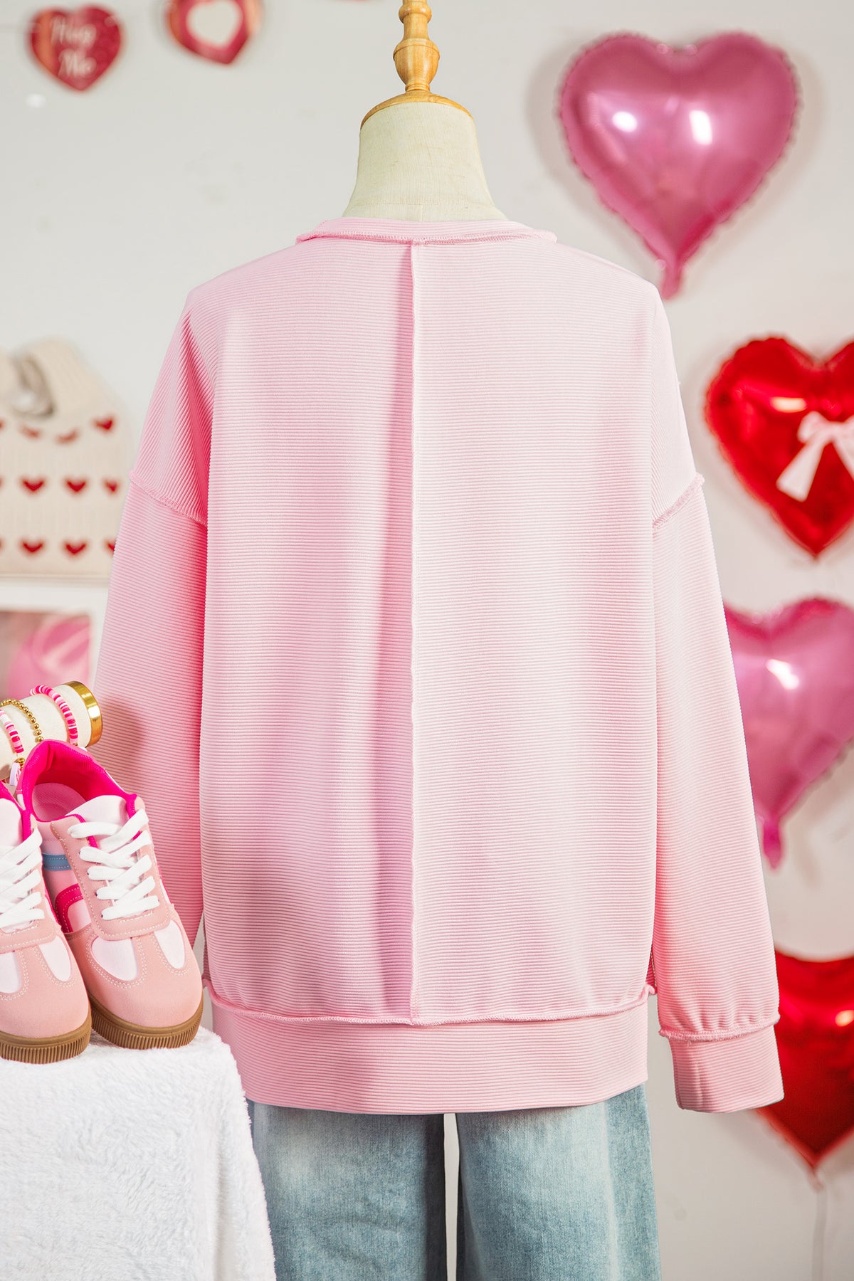 Pink you are so loved Valentines Day Bow Embroidered Graphic Pullover Top