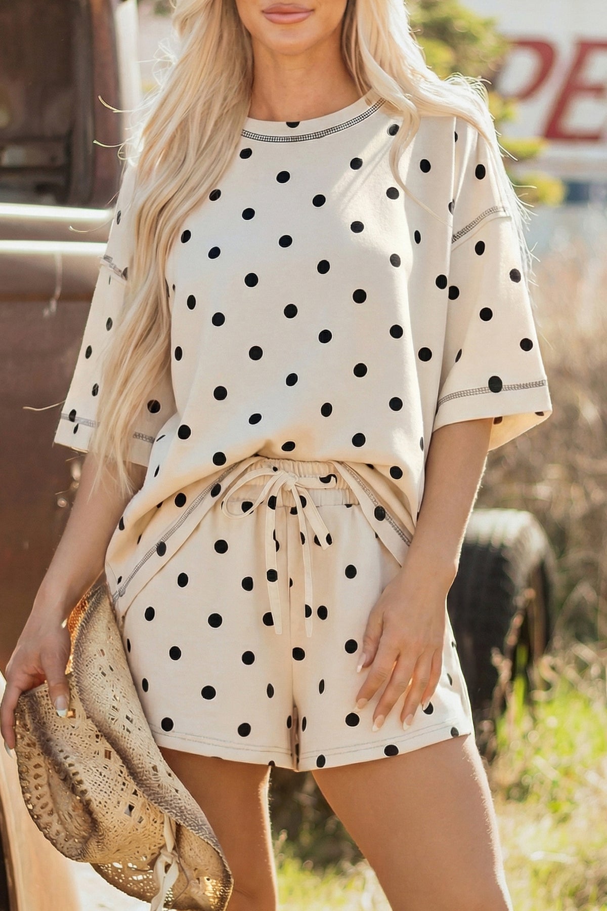 Women's Pink Polka Dot Short-Sleeve Loose Top Drawstring Shorts Set