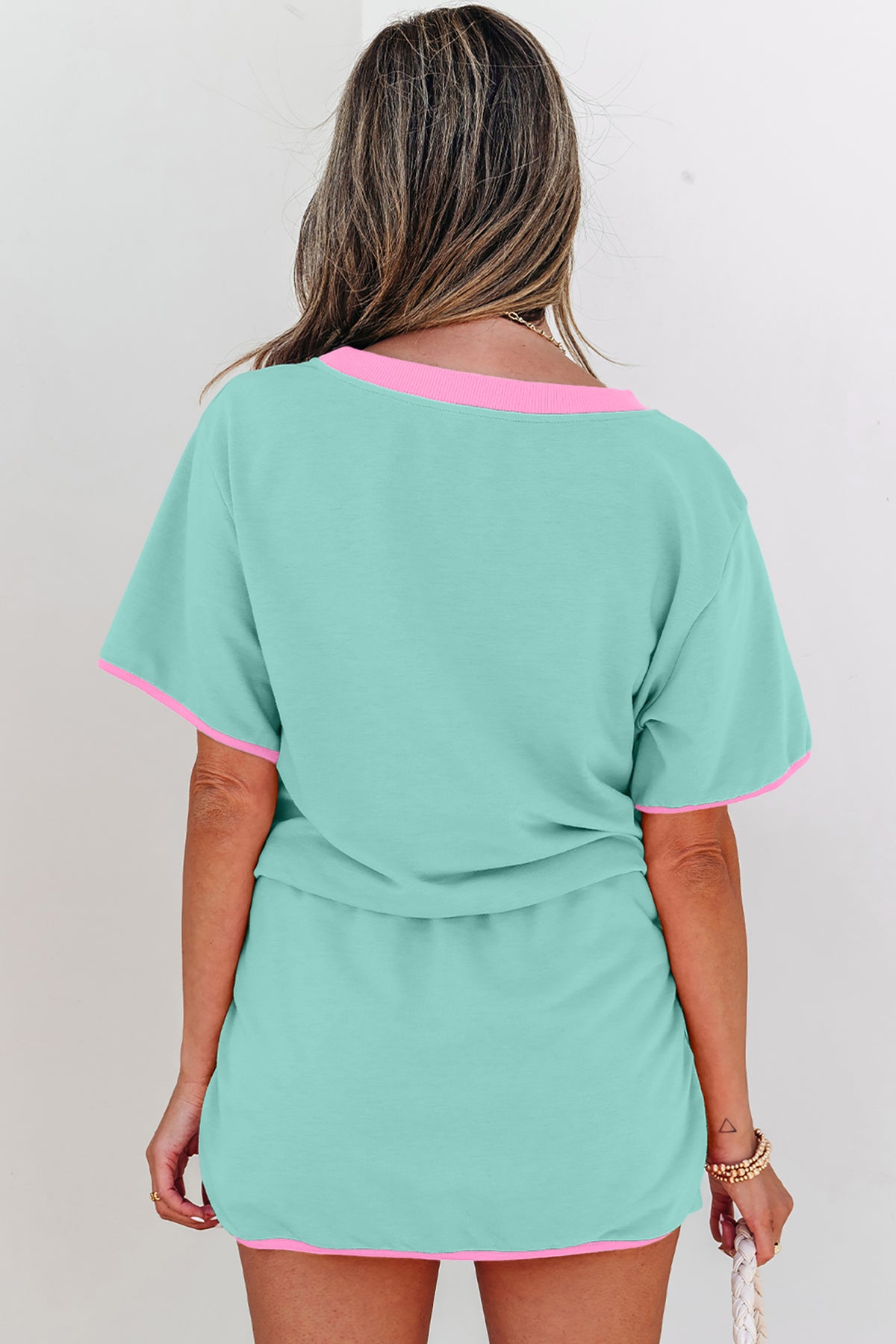 Women's Apricot Colorblock Edge Drop Shoulder T Shirt and Skort Two-Piece Set