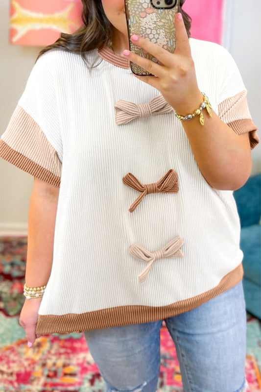 Apricot Bowknot Applique Plus Size Ribbed Top