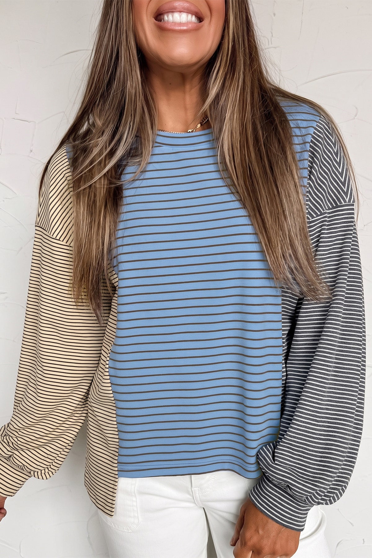Sky Blue Stripe Color Block Contrast Round Neck Shift