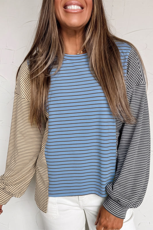 Sky Blue Stripe Color Block Contrast Round Neck Shift