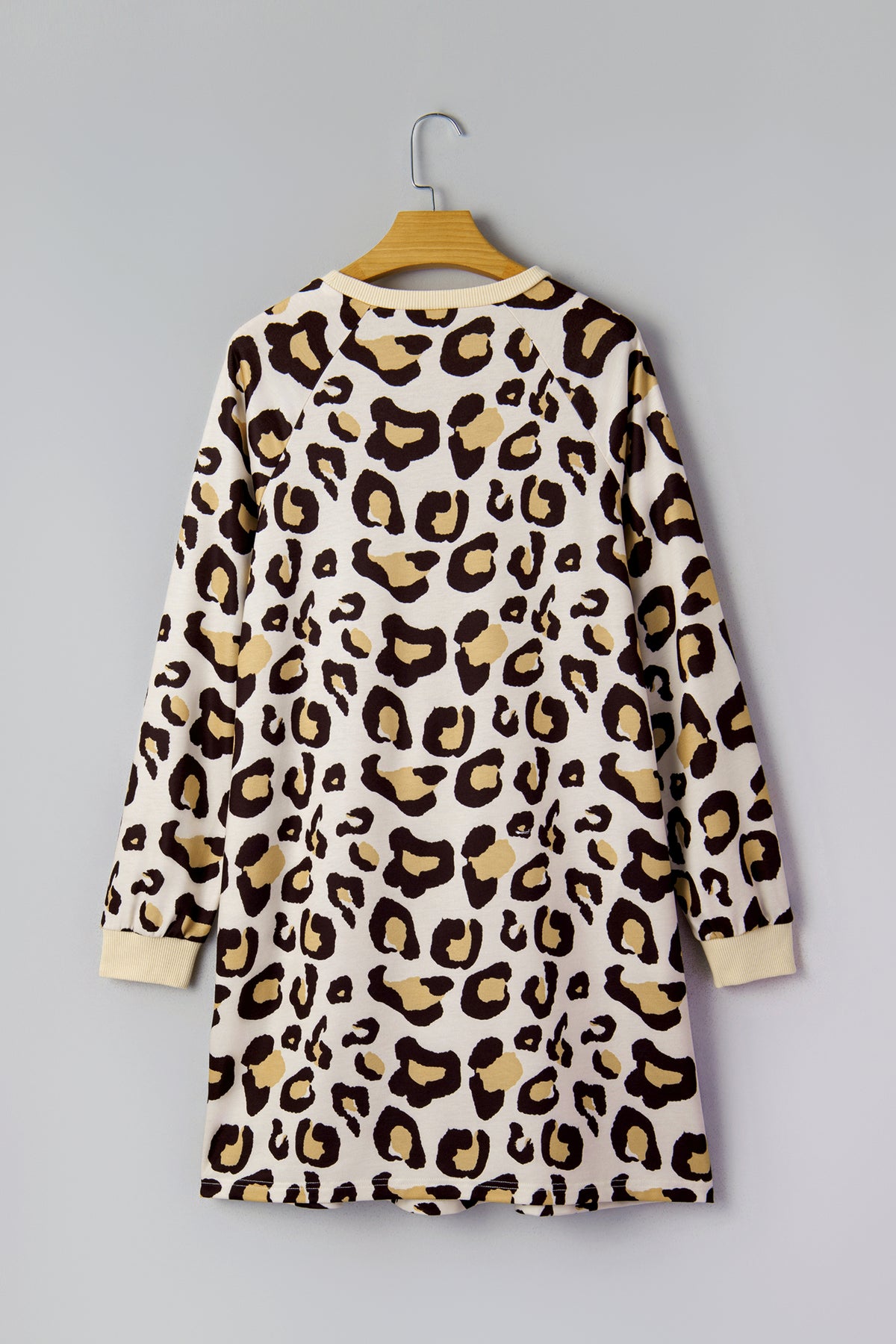Khaki Leopard Long Sleeve Shift T Shirt Dress with Pockets