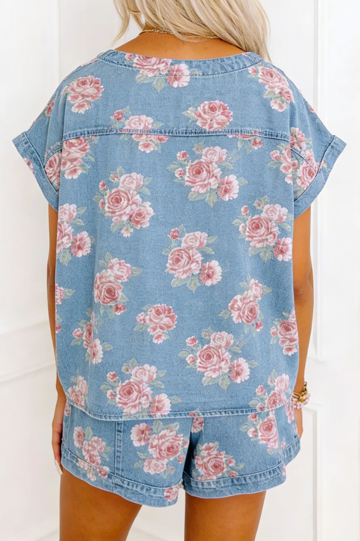 Women's Sky Blue Floral Denim Short-Sleeve Top Loose Shorts Two-Piece Set