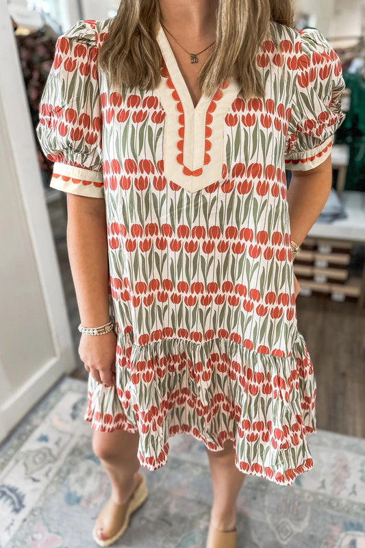 White Tulip Floral Print Cotton Puff Short Sleeve Mini Dress