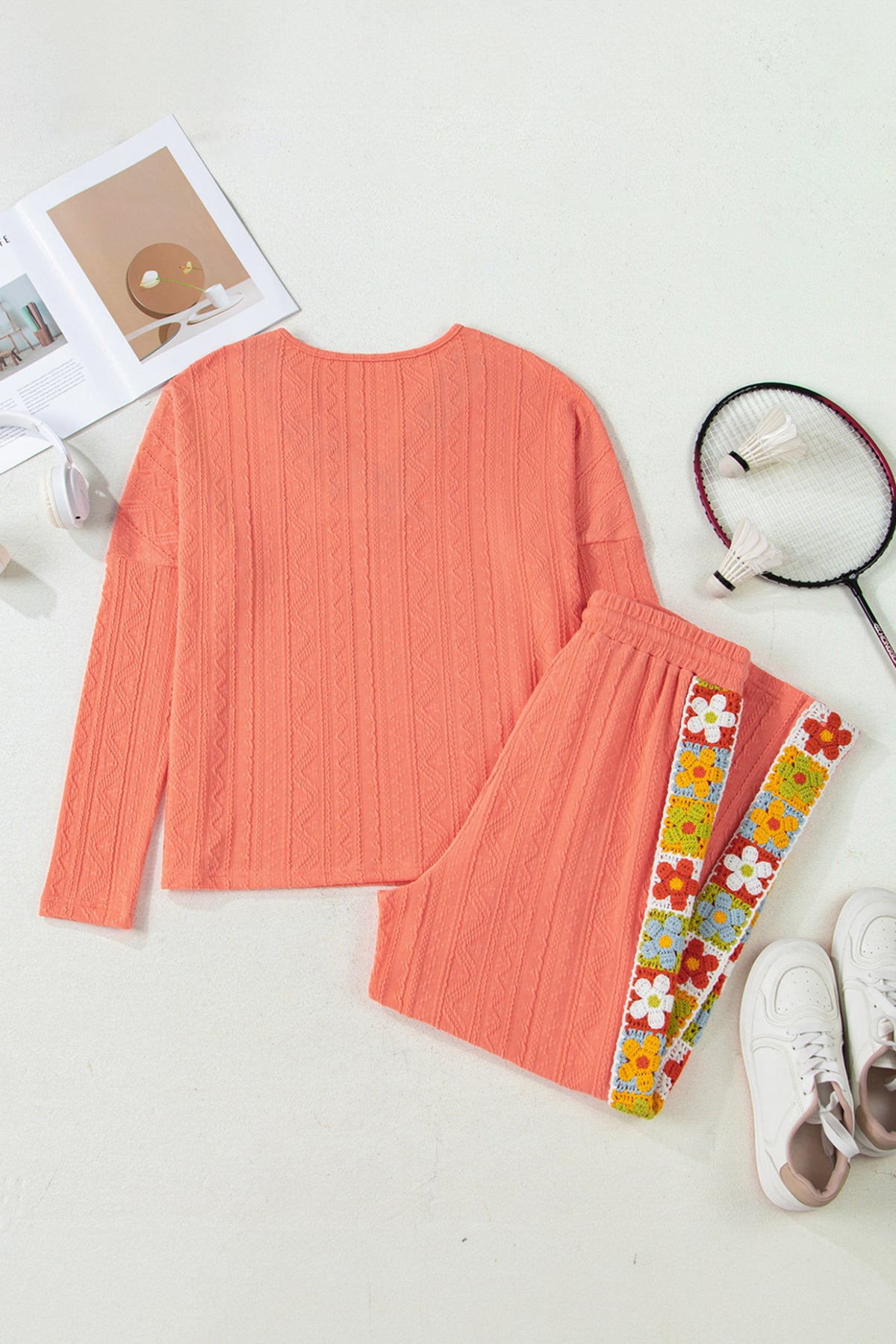 Women's Grapefruit Orange Crochet Floral Accent V-Neck Textured Pants Set
