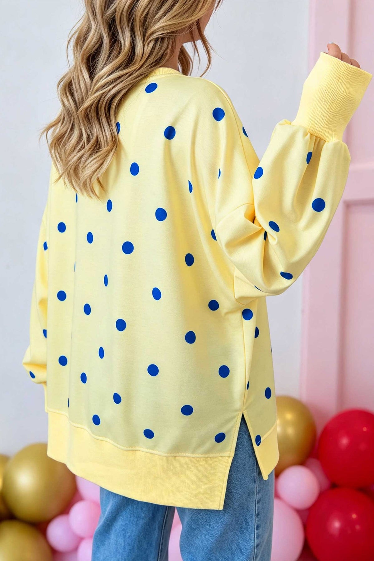Yellow Polka Dot Long Sleeve Split Hem Pullover Top
