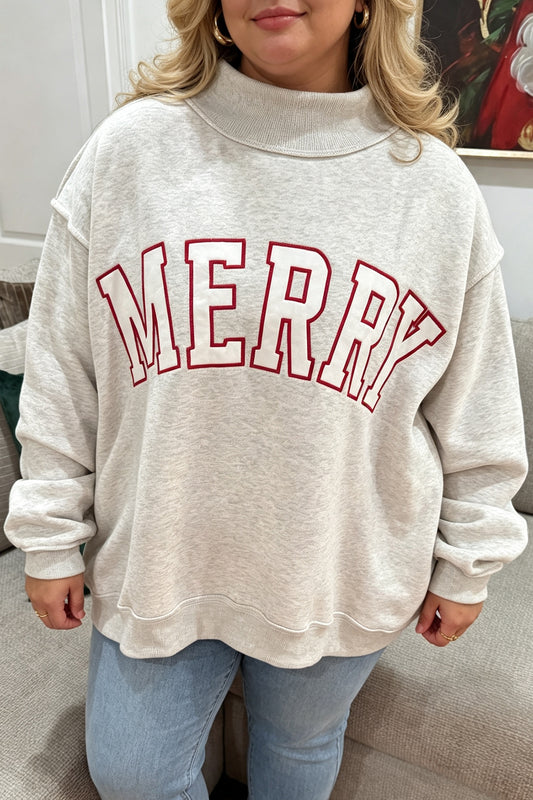 Gray Embroidered Merry Letter Print Mock Neck Sweatshirt