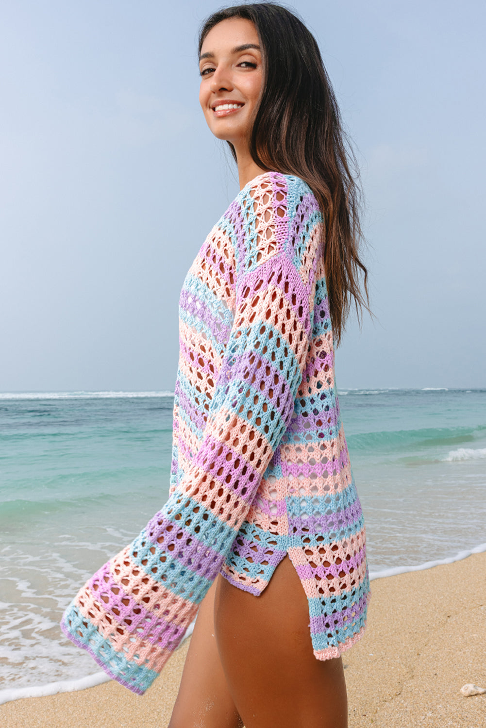Purple Stripe Open-Knit Beach Cover-Up