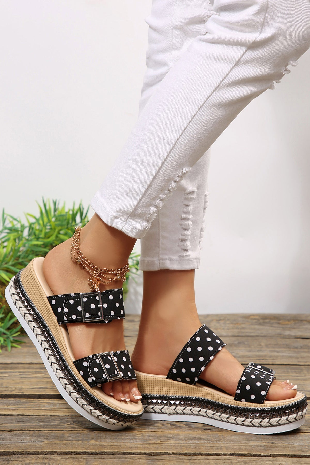 White Polka Dot Pattern Double Buckle Straps Hollow Out Platform Sandals