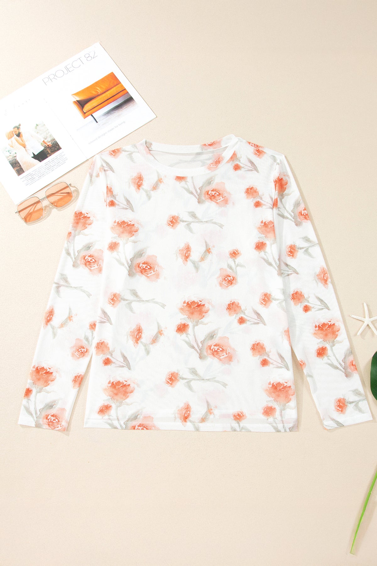 Red Plus Size Floral Print Sheer Mesh Long-Sleeve Top
