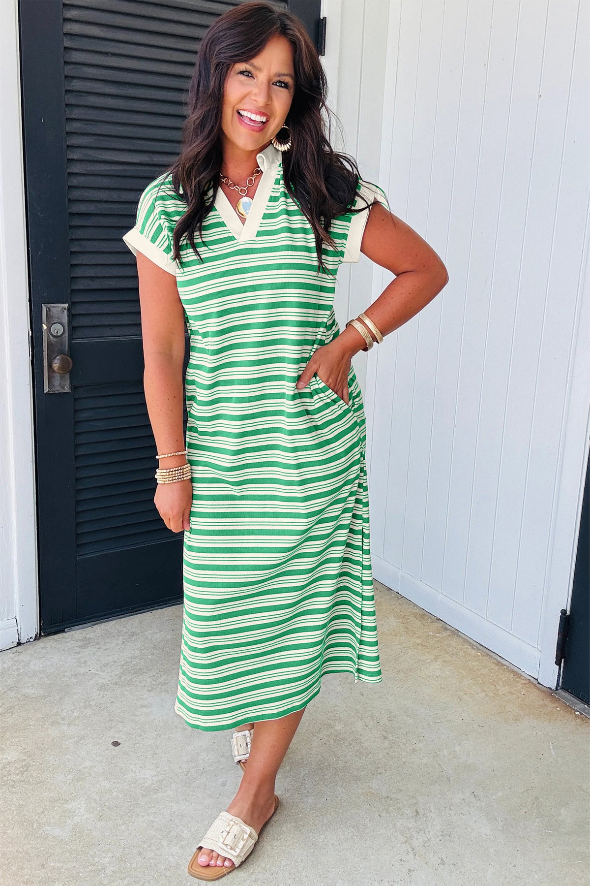 Green Stripe V Neck Short Sleeve T Shirt Midi Dress with Pockets