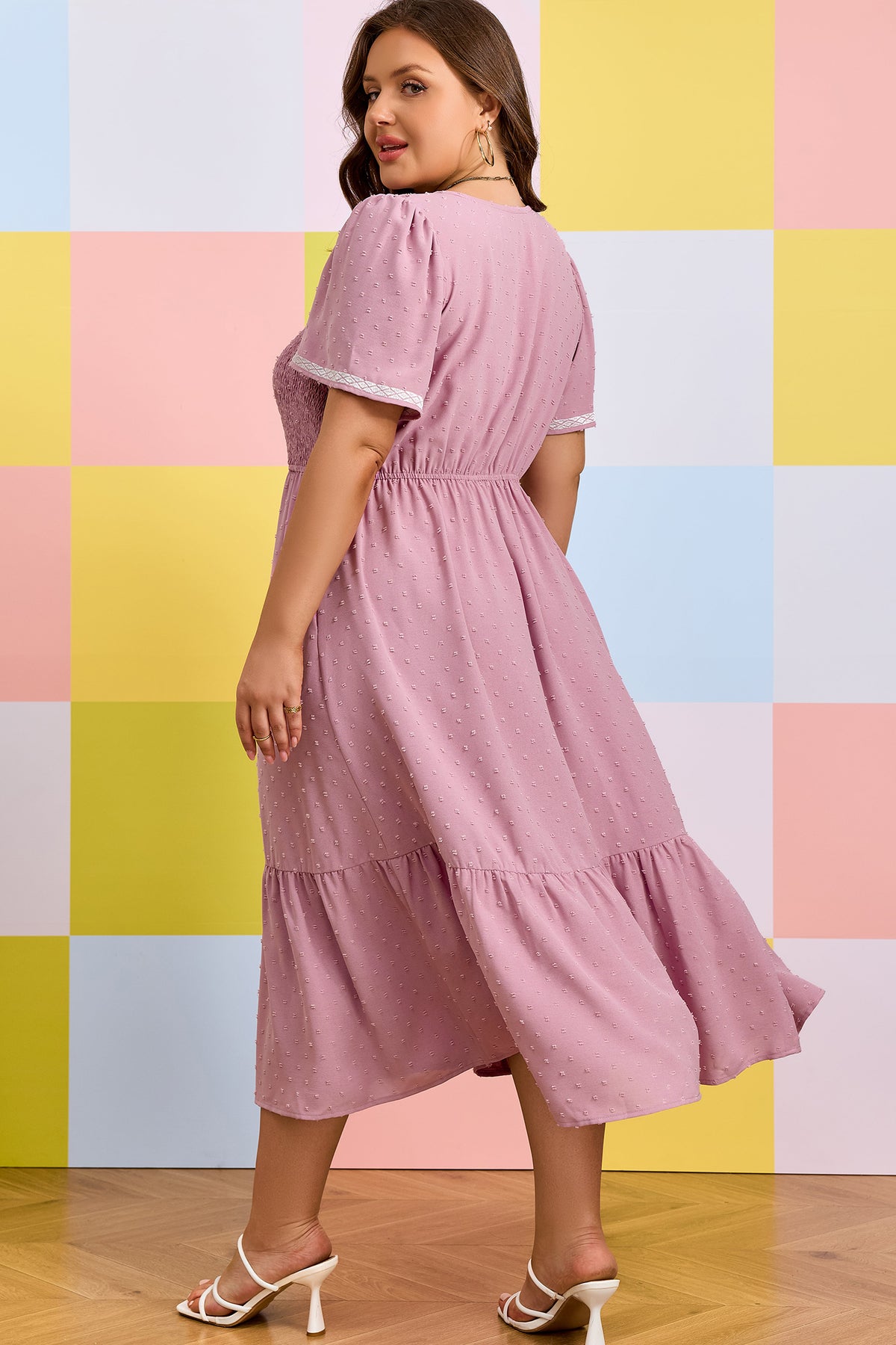 Pink Plus Size Swiss Dot Short-Sleeve Smocked High Waist Flowy Midi Dress