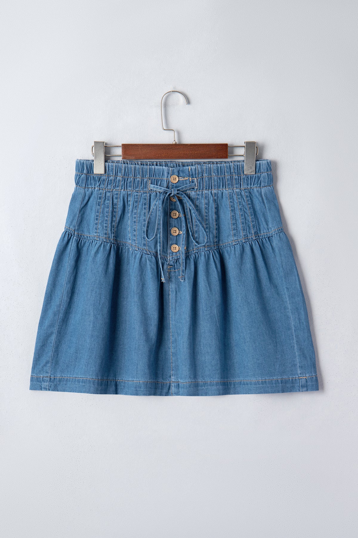 Sky Blue Half Buttons Pleated High Waist Denim Mini with Skirt