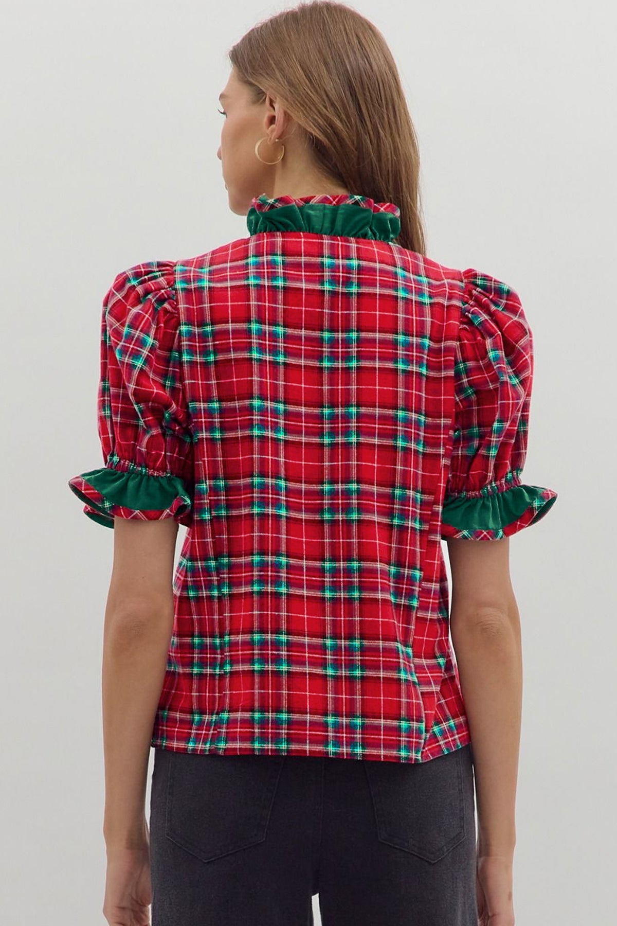 Red Plaid V Neck Ruffle Color Block Short Sleeve Shirt