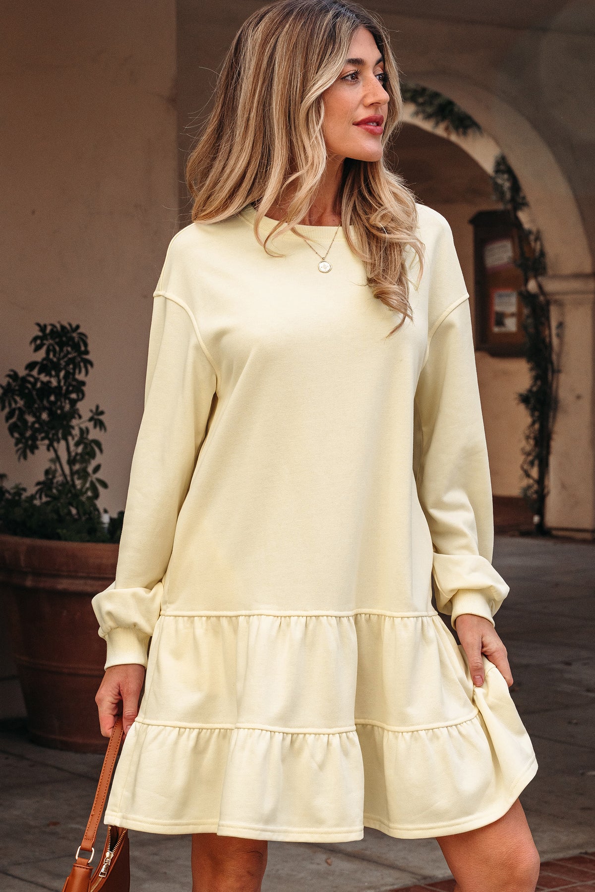 Beige Double Tiered Ruffle Hem Long Sleeve Loose Mini Dress