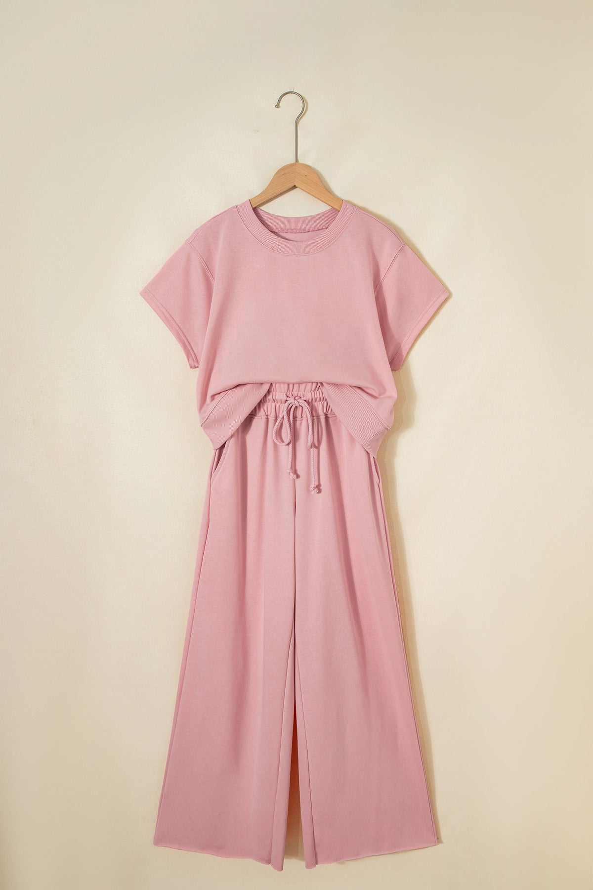 Light Pink Solid Color Loose Tee Drawstring Wide Leg Pants 2pcs Outfit
