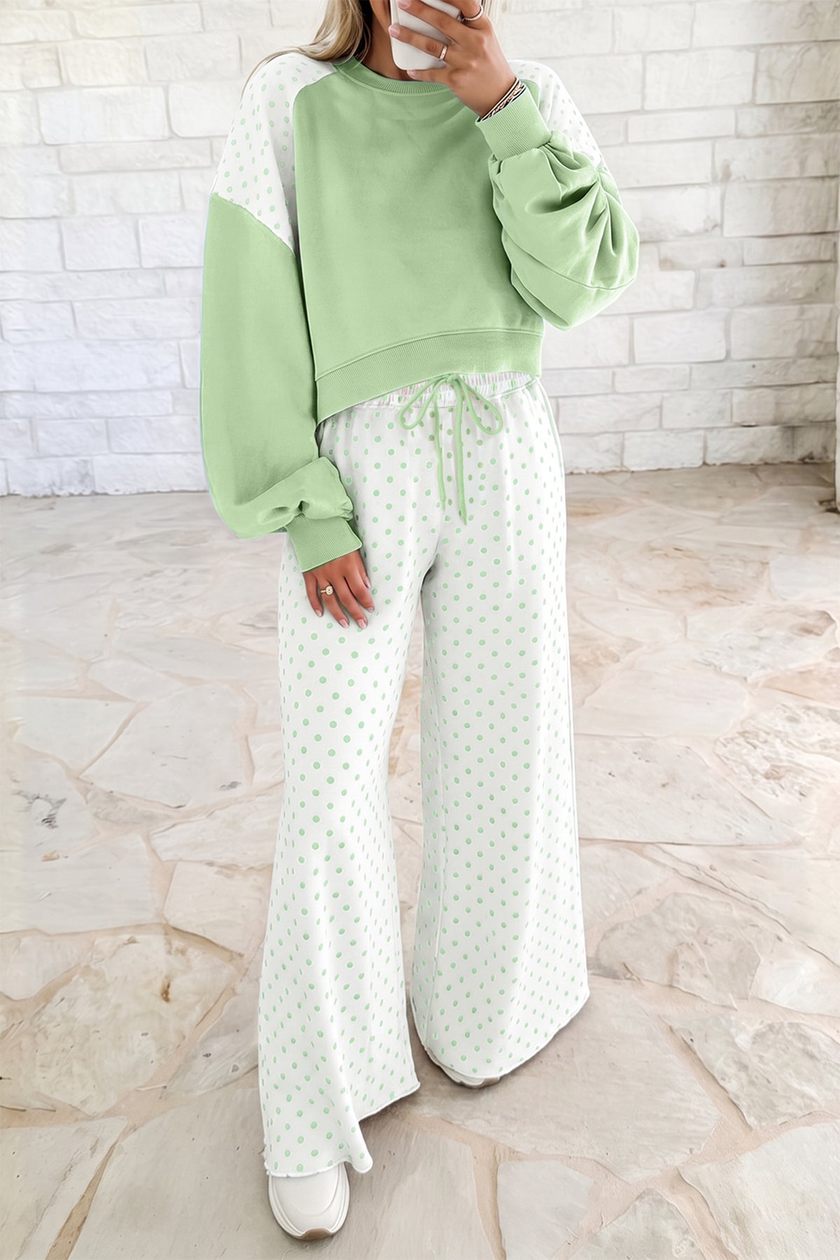 Women's Green Polka Dot Patchwork Colorblock Long-Sleeve Casual Two-Piece Pants Set