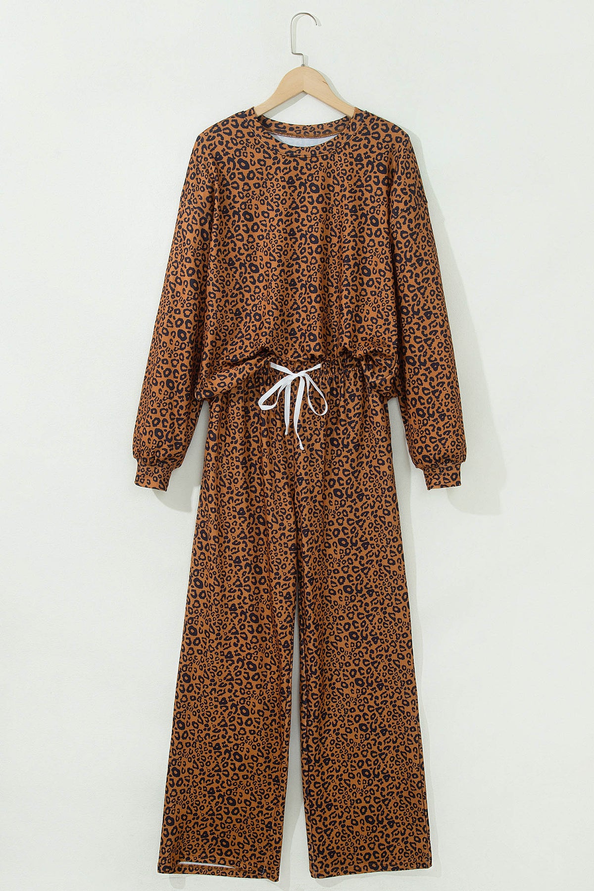 Women's Brown Leopard Print Long-Sleeve Top Relaxed Pants Set