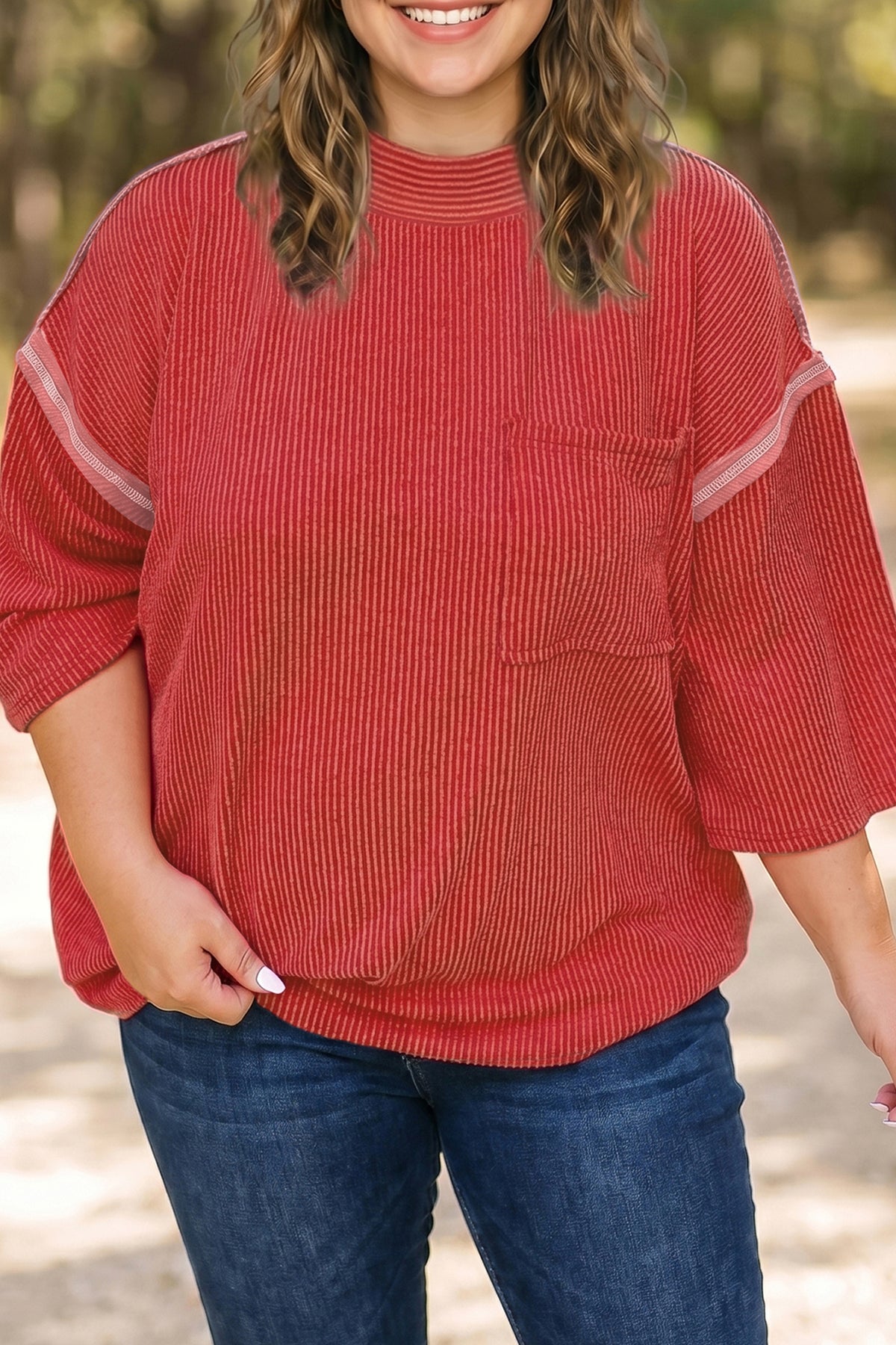 Fiery Red Ribbed Tunic Round-Neck Bracelet Sleeve Plus Size Blouse