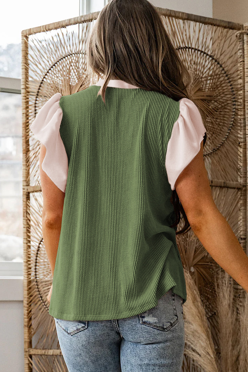 Vineyard Green Plus Size Contrast Frilled Neckline Ruffled Short-Sleeve Ribbed Textured Blouse