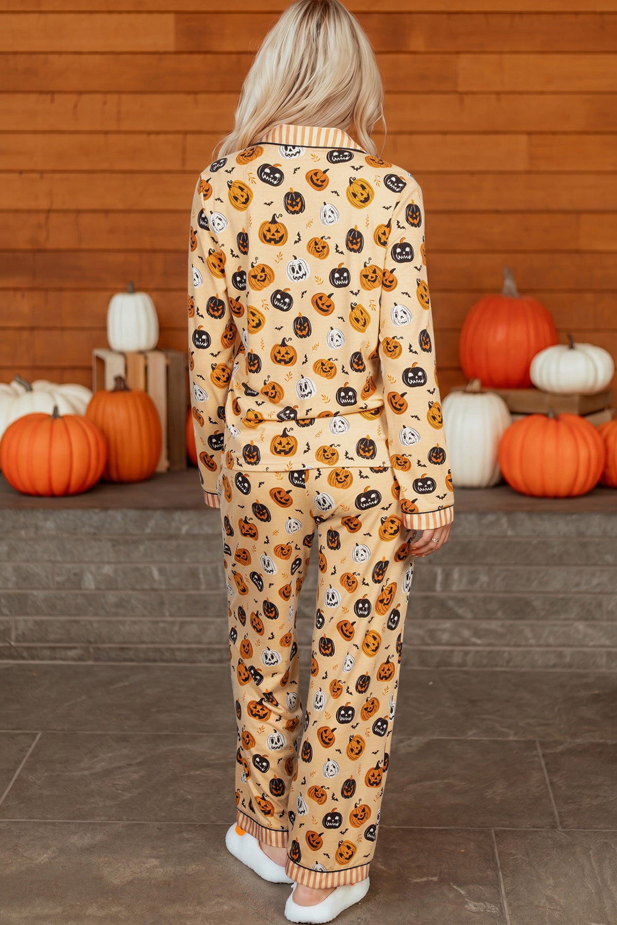 Orange Halloween Pumpkin Print Long Sleeve Lounge Set