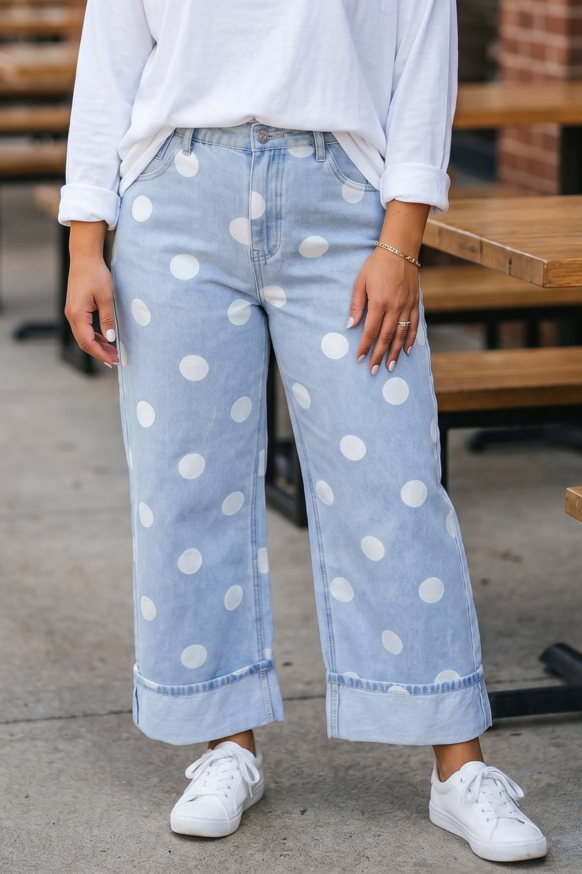 Sky Blue Polka Dot Full-Length Regular-Fit Plus Size Jeans