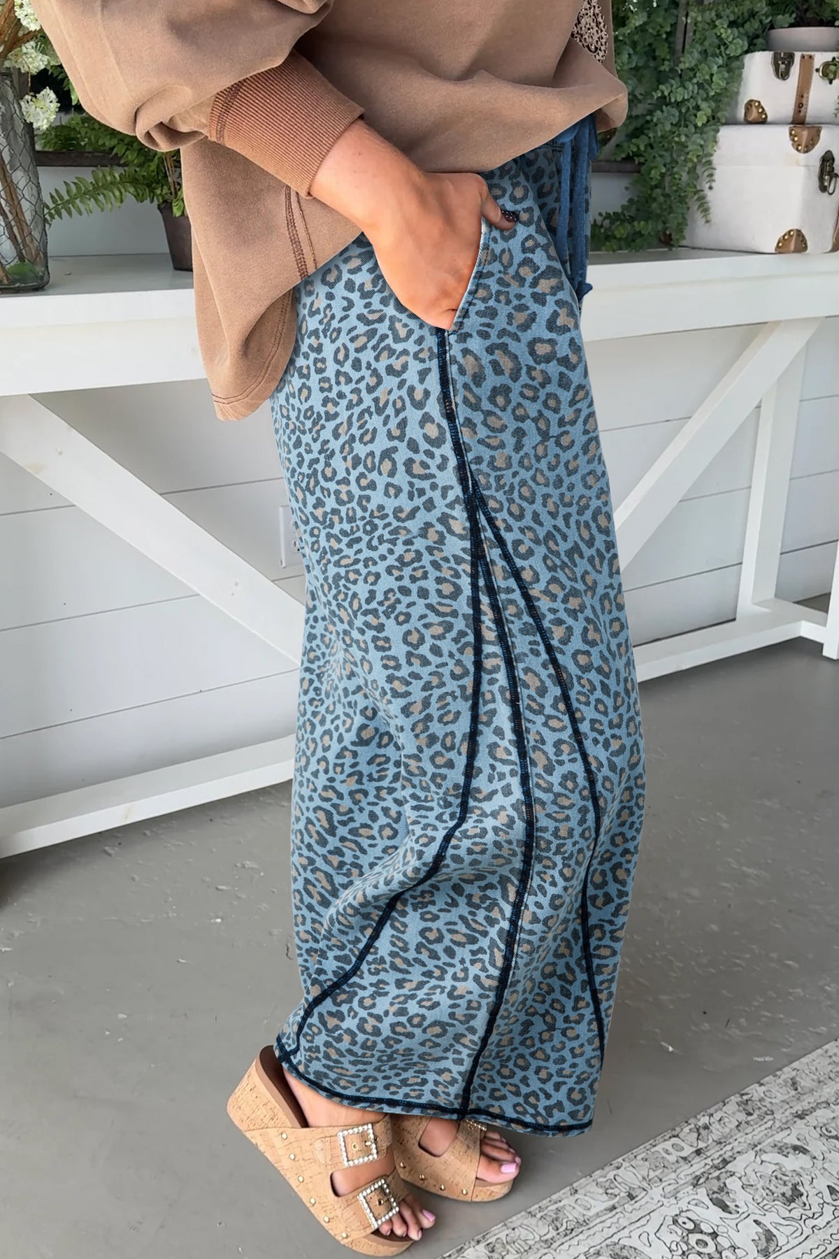 Blue Leopard Print Exposed Seam Wide Leg Drawstring Jeans