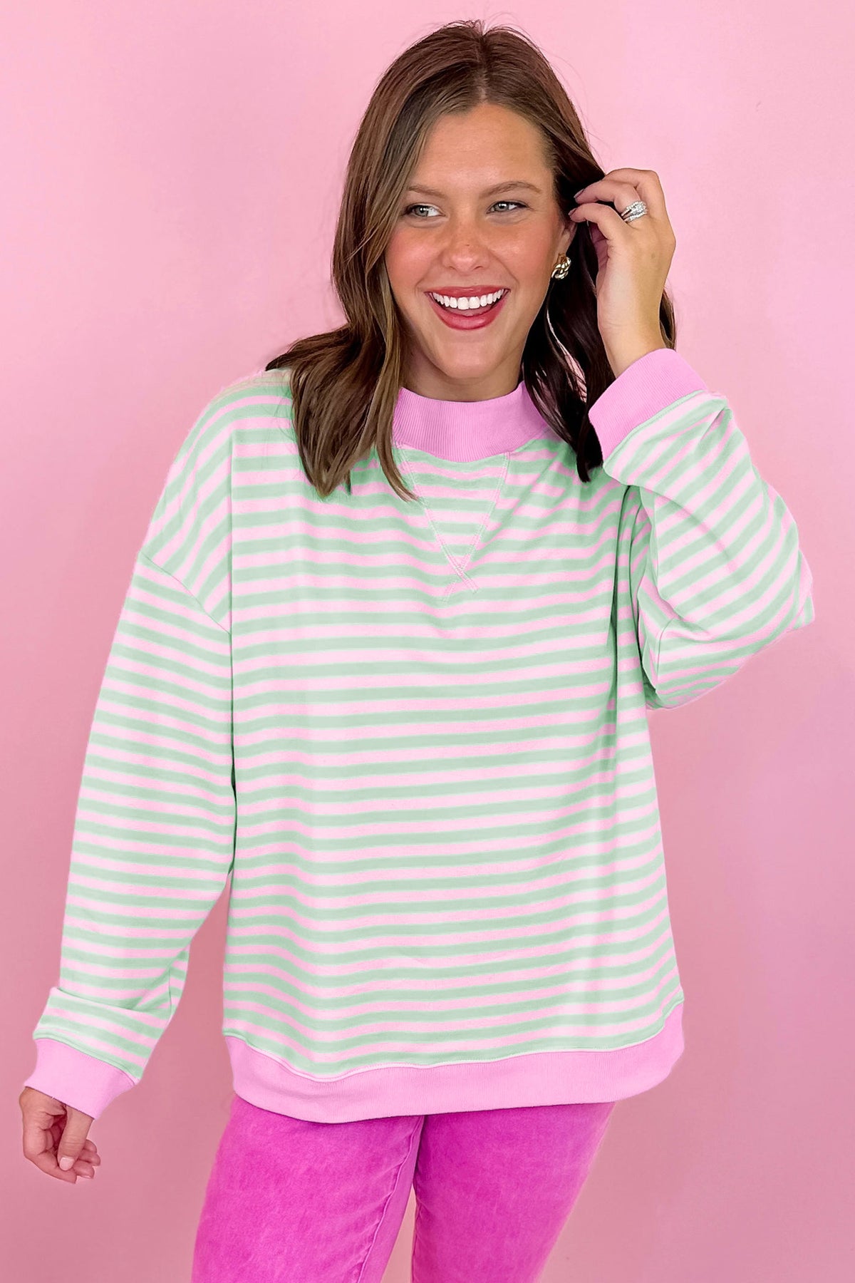 Green Stripe Striped Stand Neck Sweatshirt