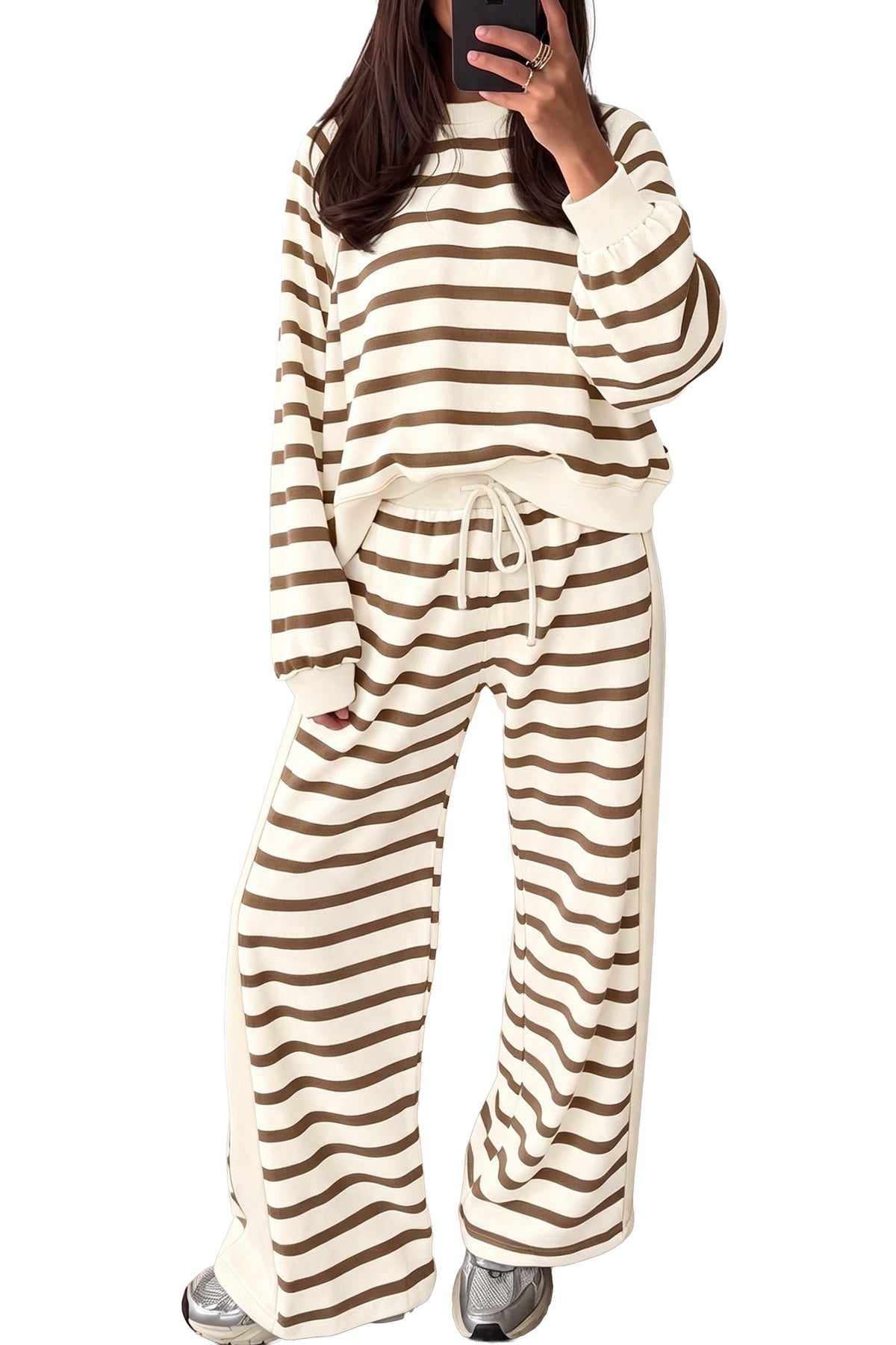 Women's Khaki Stripe Relaxed Long-Sleeve Top Color Block Detail Drawstring Pants Set